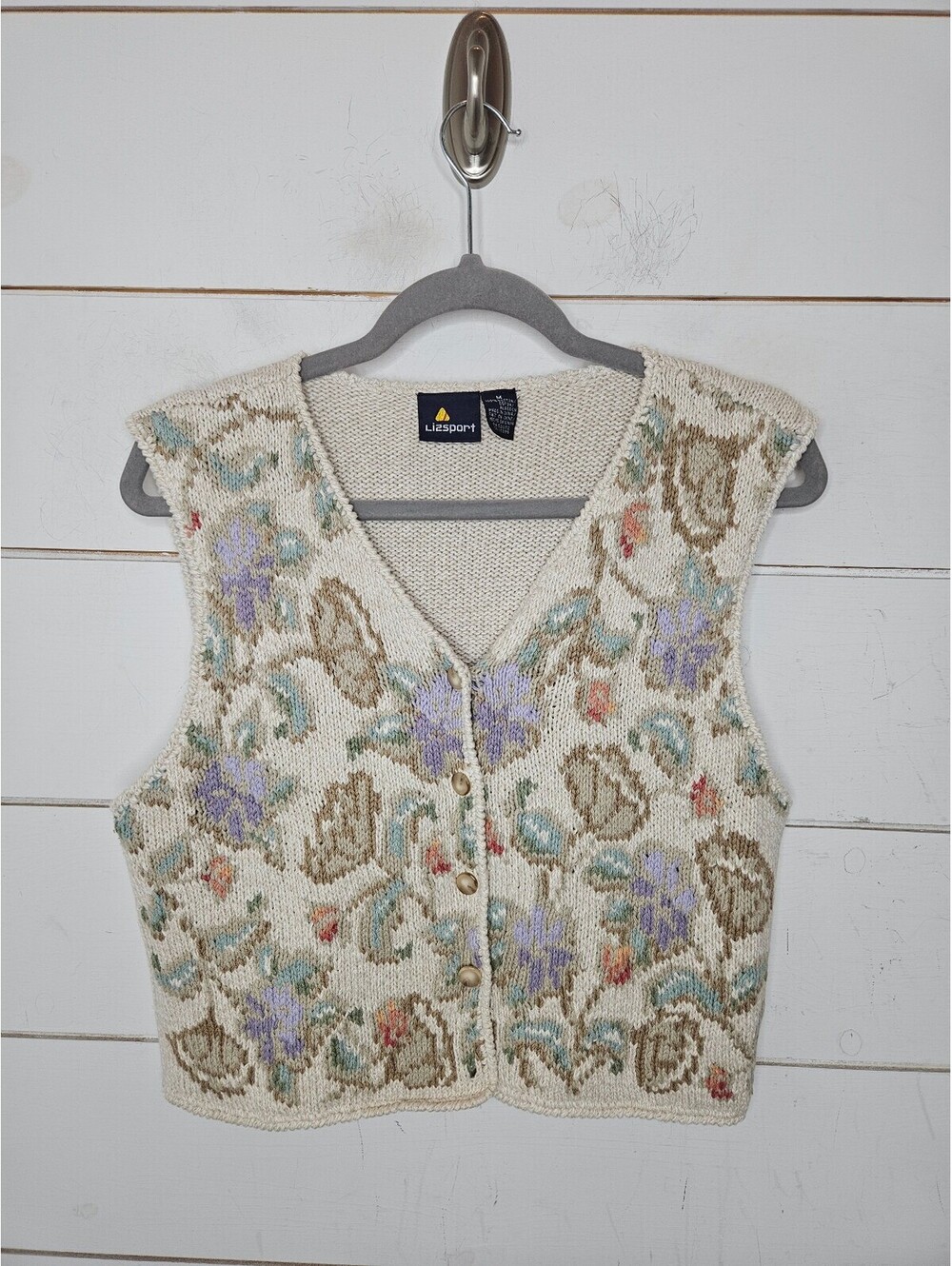 Vintage LizSport Liz CLaiborne medium cream & tan multicolor floral sweater vest
